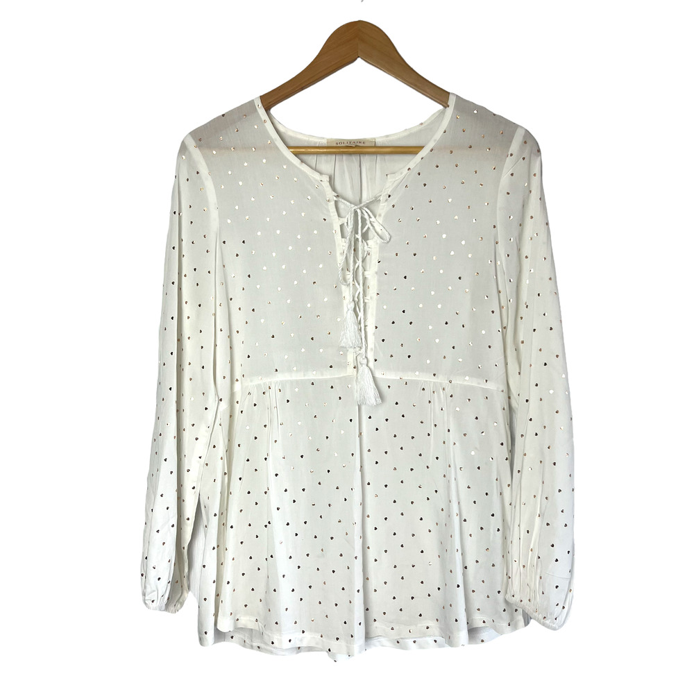 Solitaire Sz S Boho Lace Up Flowy Top Blouse V-Neck‎ Metallic Gold Polka Heart